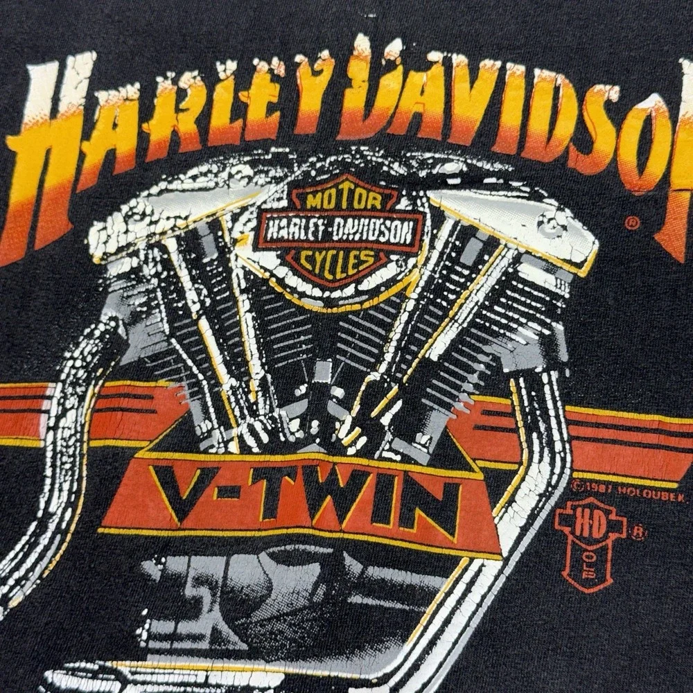 Vintage 80s 1987 Harley Davidson V-Twin Shirt Holoubek Hanes XL Fade